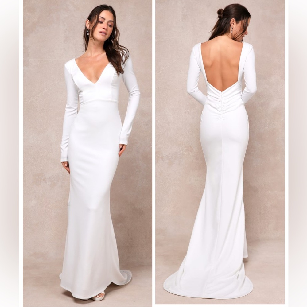 Lulus Extravagant Love White Backless Long Sleeve Ruched Maxi Dress Size Medium